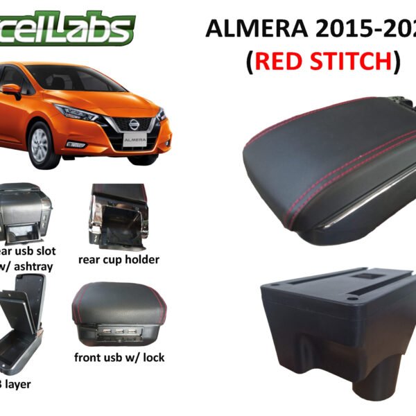 ALMERA 2015-2020 ARM REST / CONSOLE BOX (RED STITCHES)