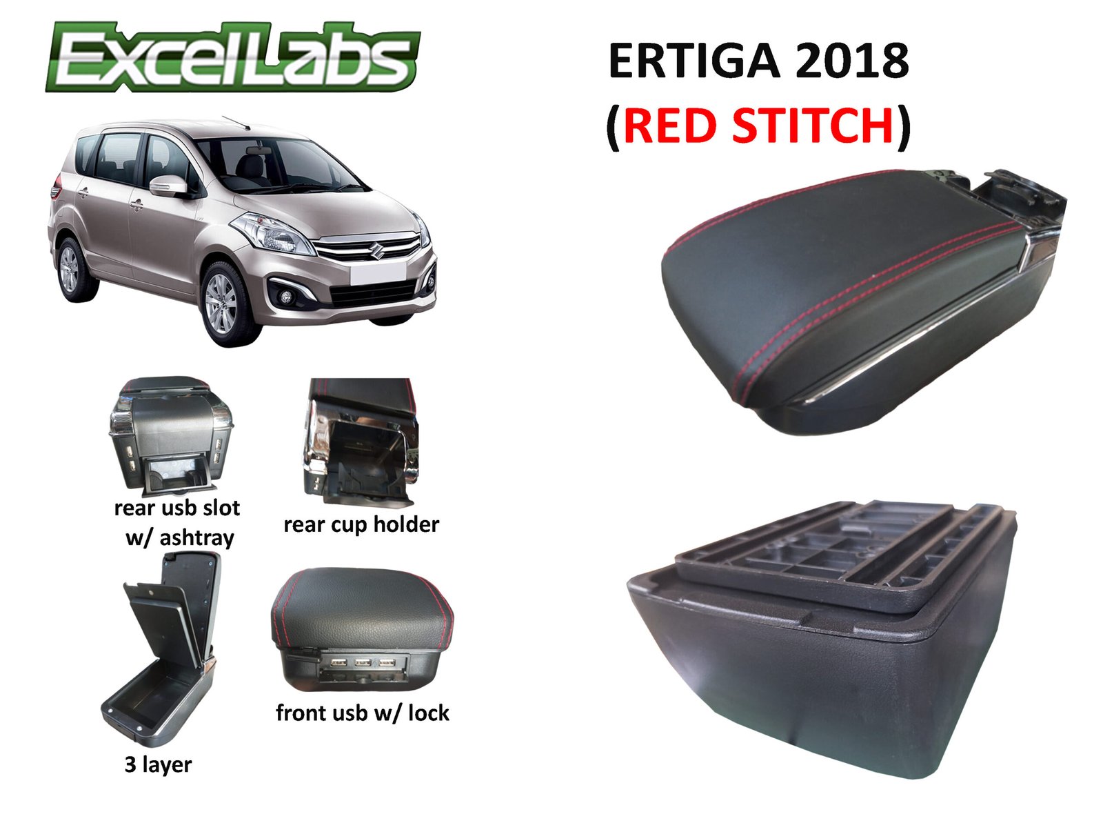 ERTIGA 2018 ARM REST / CONSOLE BOX (RED STITCH)