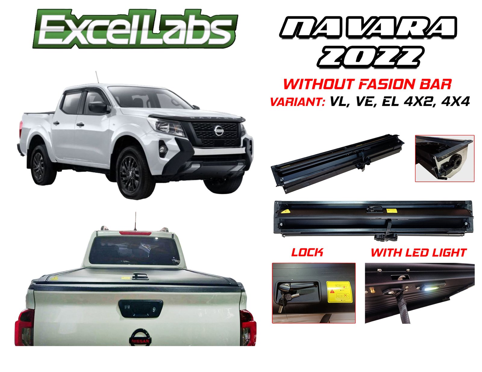 NAVARA 2016 - 2024 ALUMINUM MANUAL ROLLER LID COVER WITH LOCK AND LED (BLACK)