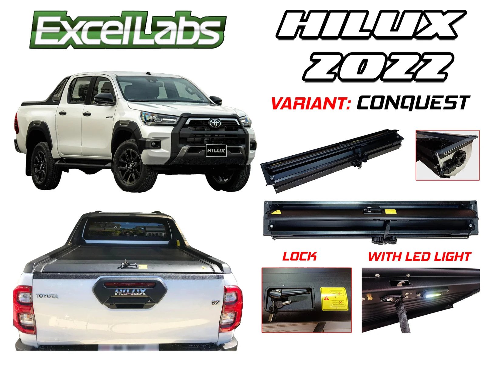 HILUX CONQUEST 2021 - 2024 ALUMINUM MANUAL ROLLER LID WITH LOCK AND LED (BLACK)