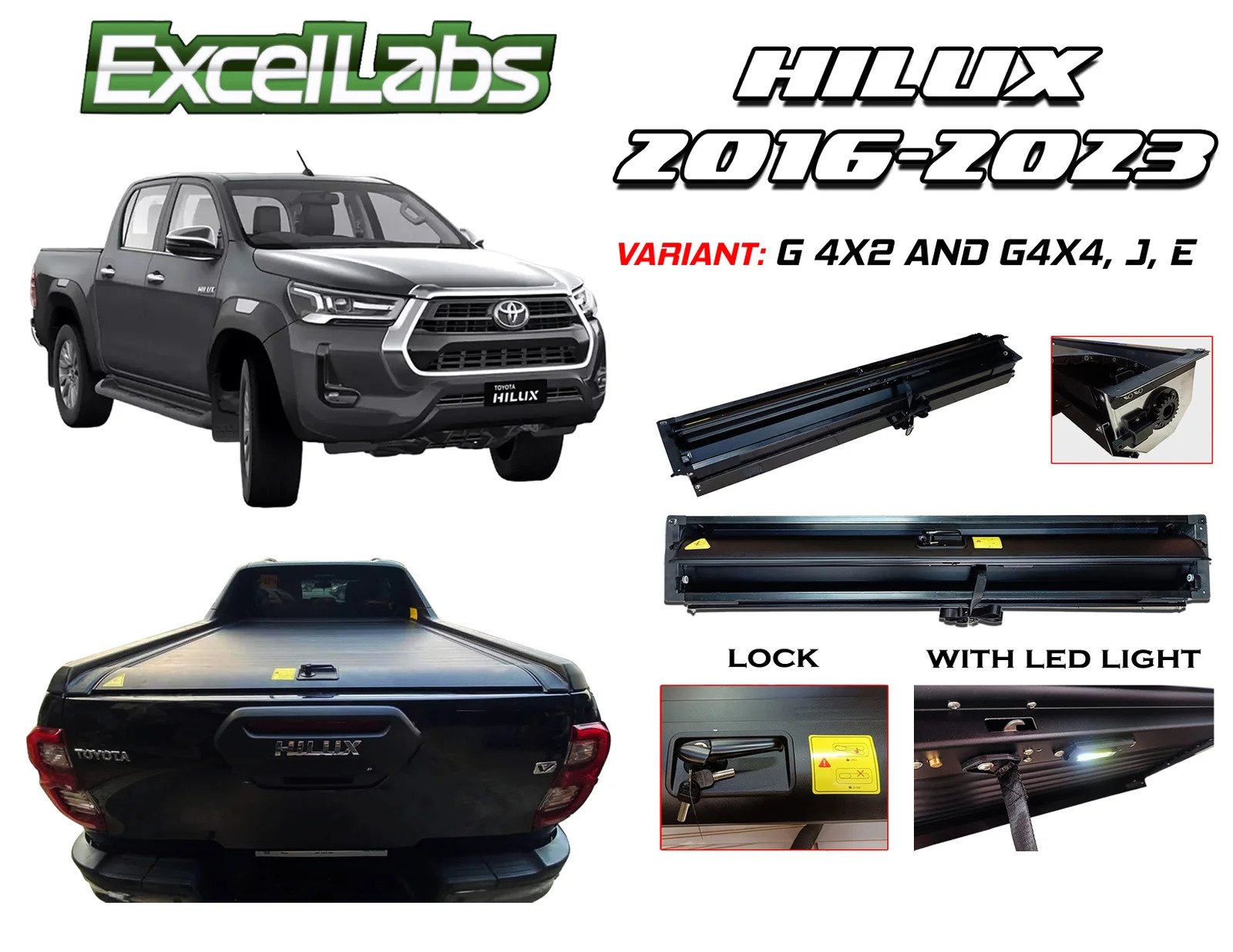 HILUX (E, J, G VARIANT) 2012 - 2024 ALUMINUM MANUAL ROLLER LID WITH LOCK AND LED (BLACK)