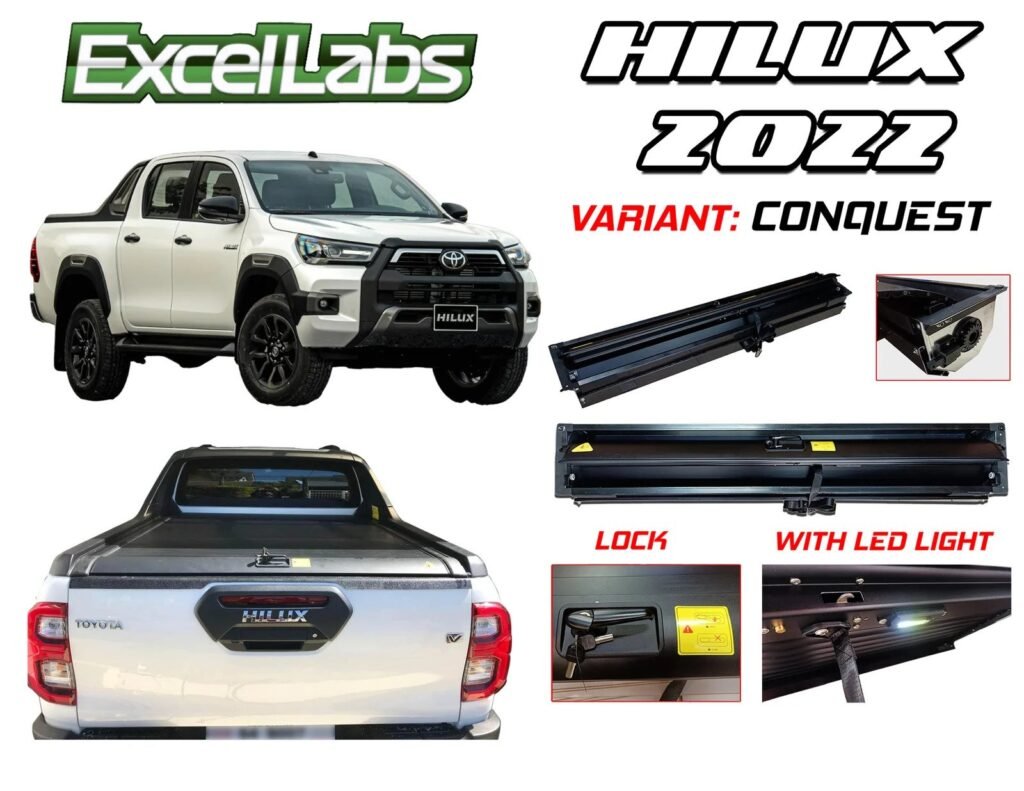 HILUX CONQUEST 2021 - 2024 ALUMINUM MANUAL ROLLER LID WITH LOCK AND LED (BLACK)